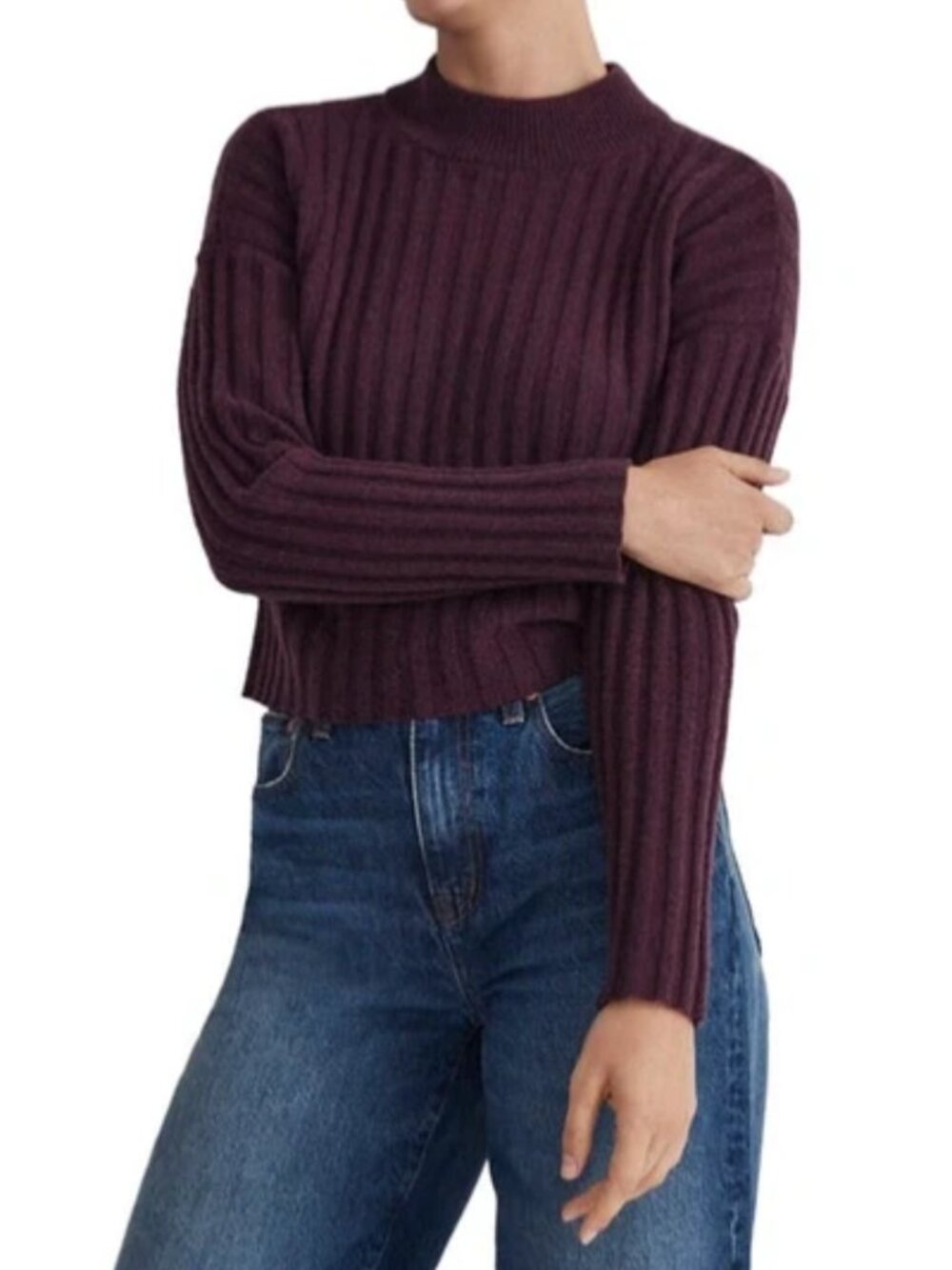Madewell Mockneck Crop Sweater Purple Ribbed Knit Women's - Size L